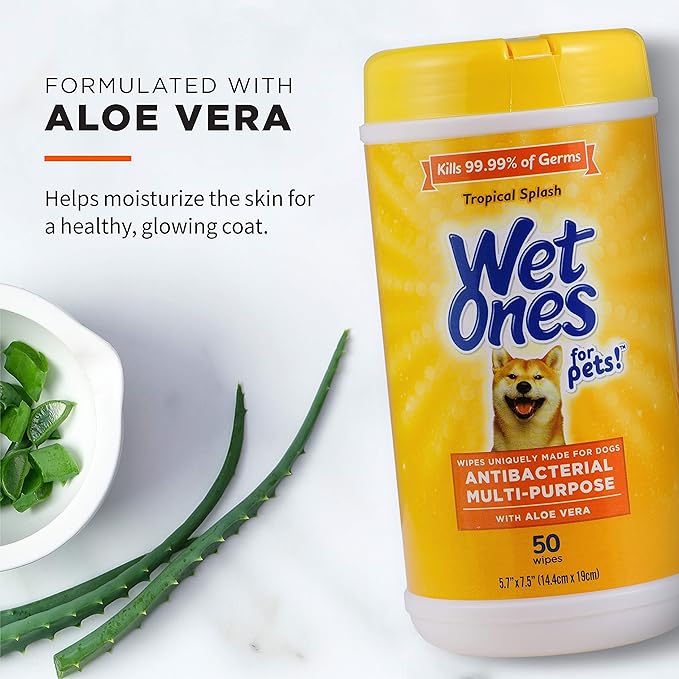 Wet Ones for Pets Multi-Purpose Dog Wipes With Aloe Vera | Dog Wipes For All Dogs in Tropical Splash, Wet Ones Wipes for Paws & All Purpose | 50 Ct Cannister Dog Wipes