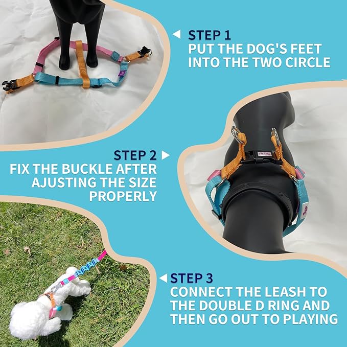 Tri-Color Dog Harness and Purple Pink Gradient Shock Absorbing Dog Leash Set,Step-in Freedom Dog Vest Harness,Strong Padded Handle to Help Stop Pulling for Small Dog Walking and Traning