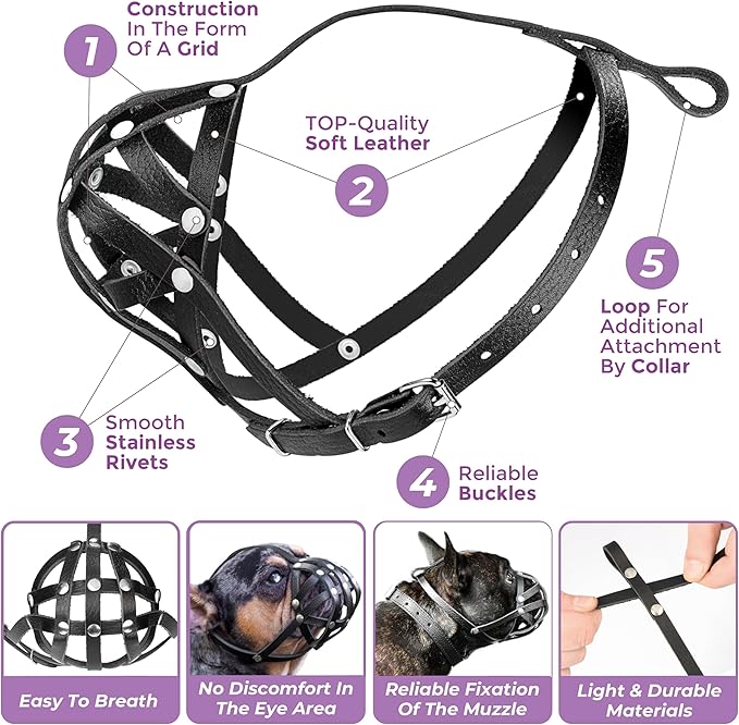 Soft Leather French Bulldog Muzzle – Frenchie Muzzle for Biting and Grooming – Short Snout Dog Muzzle for Small Brachycephalic Breed Dogs: Pug, Shih Tzu, Bulldogs, Boston Terrier (M Size)