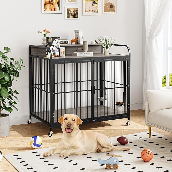 GAOMON 48" Dog Kennel Furniture for Large Dogs,Large Dog Crate, Wooden Heavy Duty, Dog Crate Indoor with Adjustable Height Bowls, 48" L X 29.9" W X 44.3" H,Grey