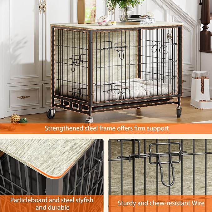 38.6" Dog Crate Furniture, Furniture-Style Dog Crate - Kennel Table with Wheels, Rustic Pet Cage for Large Breeds, Grey & Black