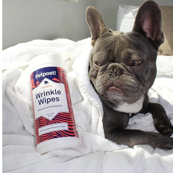 Petpost | Bulldog Wrinkle Wipes for Dogs - 7”x5” XL Wipes in Coconut Oil Solution - Soothes & Cleans Pug Wrinkles and Folds 60 ct.