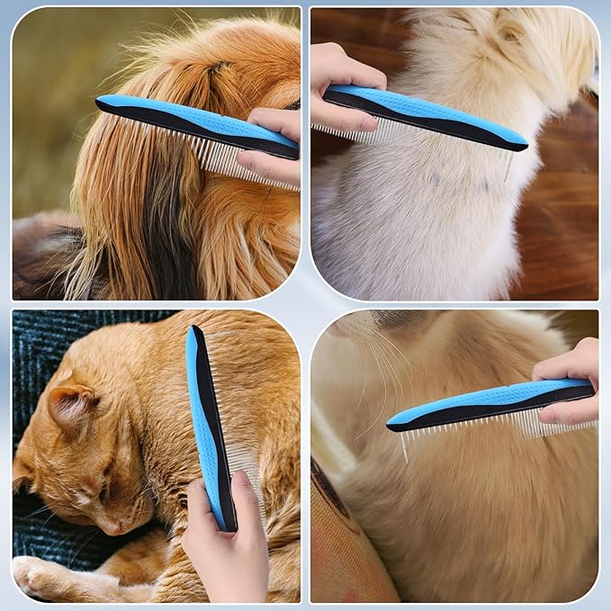 Pet Comb for Dogs and Cats - 2-in-1 Design with Wide & Narrow Teeth, Stainless Steel Round Ends for Safe Detangling, Non-Slip Handle, Removes Knots, Mats, Tangles, and Loose Fur