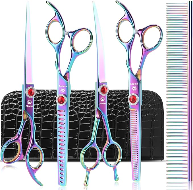 GLADOG 7 Inch Professional Dog Grooming Scissors Kit, Titanium Dog Scissors for Grooming, Heavy-Duty Dog Shears for Grooming, 6-in-1 Pet Grooming Scissors for Dogs (Pro Rainbow)