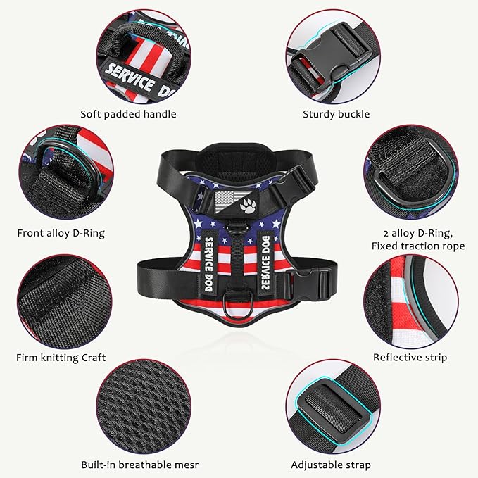 Demigreat Service Dog Harness, Reflective Dog Vest Harness with 5 PCS Patches, Adjustable Soft Oxford Pet Harness, Inner Layer Mesh, Easy to Control for Dogs (USFLAG, Medium (Pack of 1))