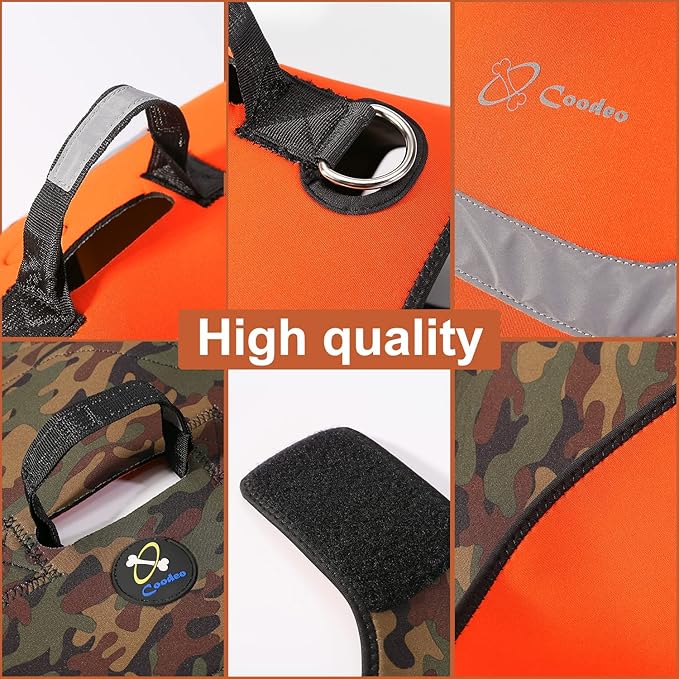 Coodeo Dog Hunting Vest Orange, Camo and Reversible Reflective Dog Tactical Harness Hound Jacket for Protection and Security, 4.5mm Neoprene Waterproof Safety Dog Vest Both Sides to Wear (Medium)