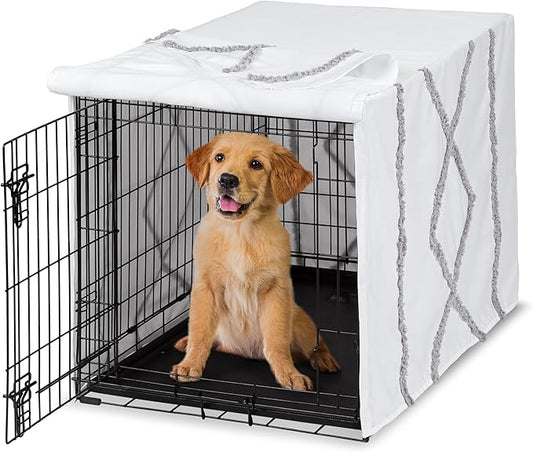Sweet Jojo Designs White and Grey Bohemian Boho Chic Boy Girl Gender Neutral Unisex Dog Crate Cover – Kennel Covers 36 Inch Pet Cage Medium Farmhouse Shabby Designer Modern Elegant Geometric Textured