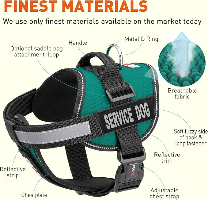 Dogline Unimax Service Dog Harness Vest with Removable Service Dog Patches Adjustable Straps Breathable Neoprene for Medical Identification Training Dogs Girth 36 to 46 in Turquoise