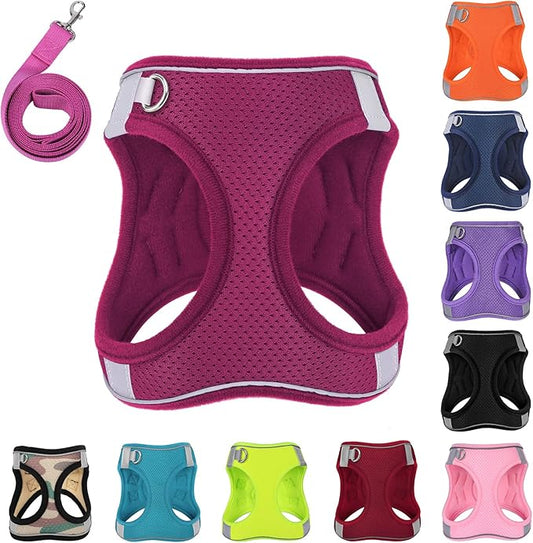 Dog Harness with Leash Set, No-Pull Step-in Reflective Pet Harness with 1 Leash Clips, Adjustable Soft Padded Easy Walk Dog Vest for Small Medium Large Dogs, Cats(Rose Red, Large)