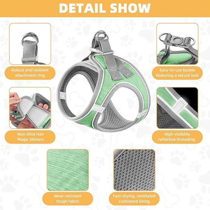 Dog Harness with Leash Set, Adjustable Soft Mesh Padded Reflective Dog Harnesse, Dog Leash with Soft Padded Handle, Puppy Harness and Leash Set for Walking,Training - Green, XS