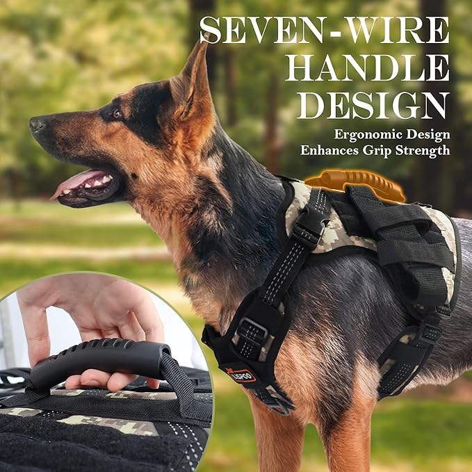 Tactical Dog Harness, Heavy Duty Dog Harness,Adjustable Breathable Pet Harness with MOLLE Panel, Small Pouch, and Bottle Holder,for Large Dogs, Camouflage L