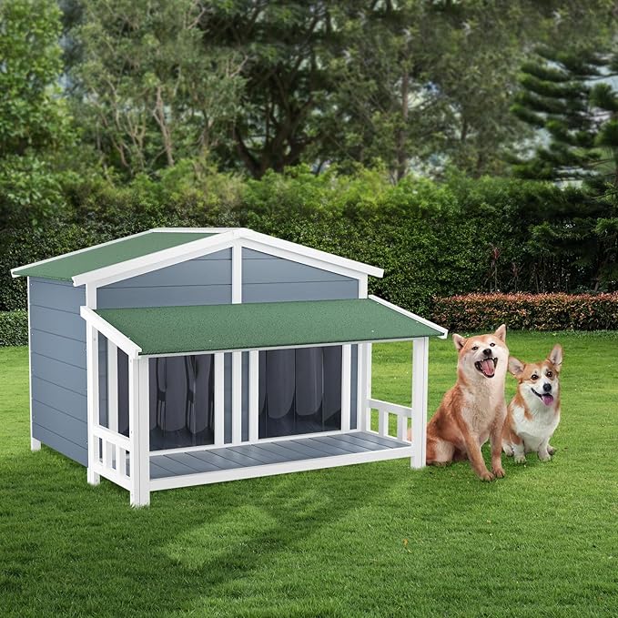 KELRIA 47.2" Dog House, Waterproof Dog Kennel, Wooden Outdoor and Indoor Dog House, Log Cabin Style with Porch,Elevated Floor, 2 Doors, Pine Wood + Green