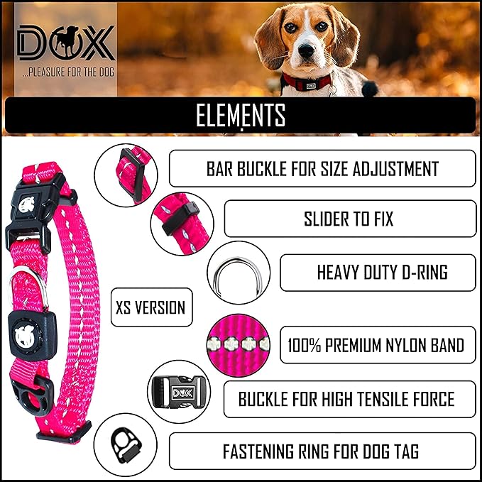 DDOXX Reflective Nylon Dog Collar - Strong and Adjustable Collars Dogs - XS (Pink)