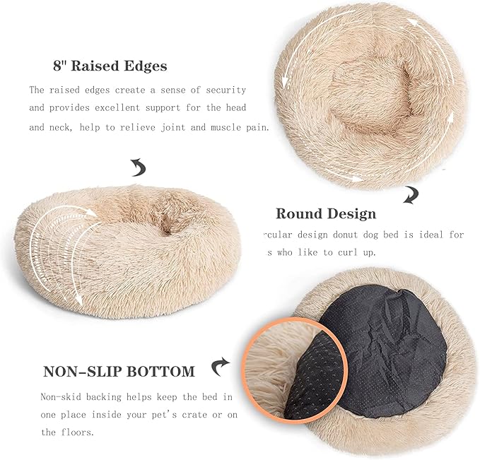 Small Dog Bed Calming Dogs Bed for Small Medium Large Dogs Anti-Anxiety Puppy Bed Machine Washable Warming Cozy Soft Pet Round Bed Fits up to 10-100 lbs (Medium (Pack of 1), Beige)
