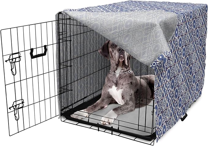 Lunarable Geometric Dog Crate Cover, Azulejo Tile Motifs Portuguese Ceramic Pattern European Art, Easy to Use Pet Kennel Cover for Medium Large Dogs, 48 Inch, Burnt Sienna Royal Blue