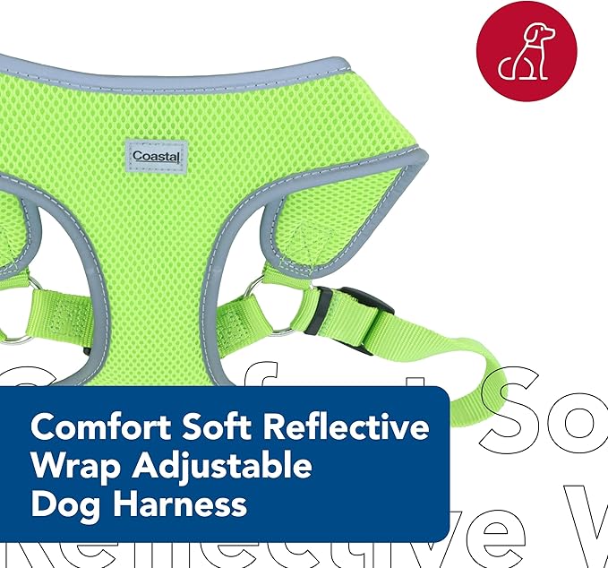 Coastal Pet Comfort Soft Reflective Wrap Adjustable Dog Harness - No-Pull Dog Harness for Small & Large Dogs - Lime - 5/8" x 19"–23"