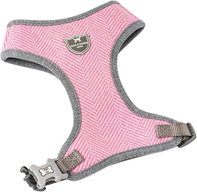 HUGO & HUDSON Dog Harness, No-Pull Anti Choke Tweed Harness Vest, Pink Herringbone, S