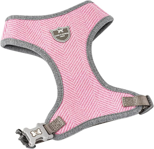 HUGO & HUDSON Dog Harness, No-Pull Anti Choke Tweed Harness Vest, Pink Herringbone, XS
