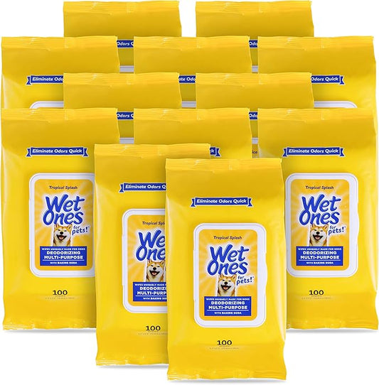 Wet Ones for Pets Desmellizing Multi-Purpose Dog Wipes with Baking Soda Dog Desmellizing Wipes for All Dogs in Tropical Splash Scent, Wet Ones Wipes for Desmellizing Dogs (Pack of 12,1200 Count Total)