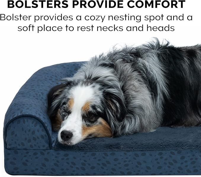 Furhaven Orthopedic Dog Bed for Large Dogs w/ Removable Bolsters & Washable Cover, For Dogs Up to 95 lbs - Plush & Almond Print L Shaped Chaise - Blue Almonds, Jumbo/XL