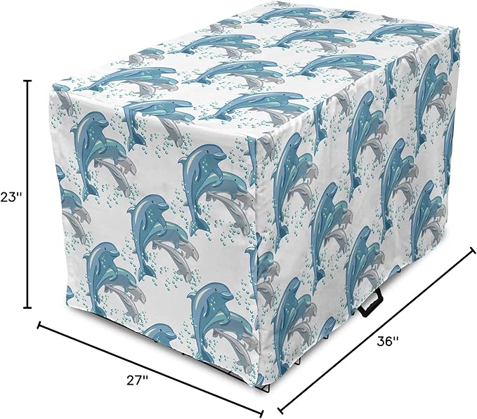 Lunarable Dolphin Dog Crate Cover, Happy Dolphins Jumping and Swimming in Deep Water Grey and Blue Mammals, Easy to Use Pet Kennel Cover for Medium Large Dogs, 36 Inch, Blue Grey Slate Blue