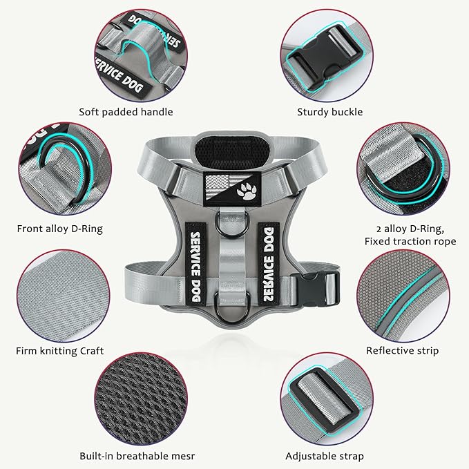 Demigreat Service Dog Harness, Reflective Dog Vest Harness with 5 PCS Patches, Adjustable Soft Oxford Pet Harness, Inner Layer Mesh, Easy to Control for Small Medium Large Dogs