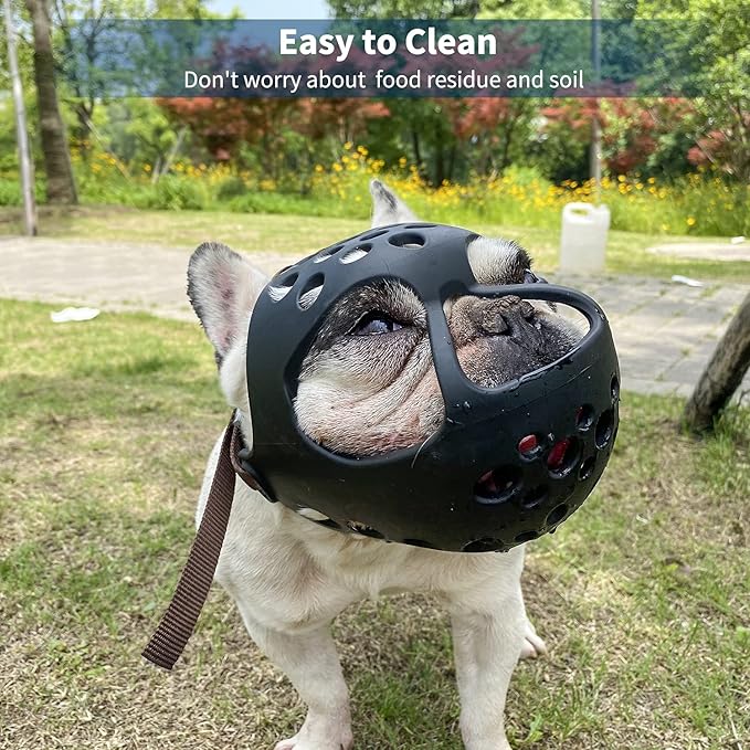 BARKLESS Short Snout Dog Muzzle, Soft Silicone Flat Faced Muzzle for French Bulldog Shih Tzu and Pug for Biting Chewing Licking and Grooming, Allows Panting