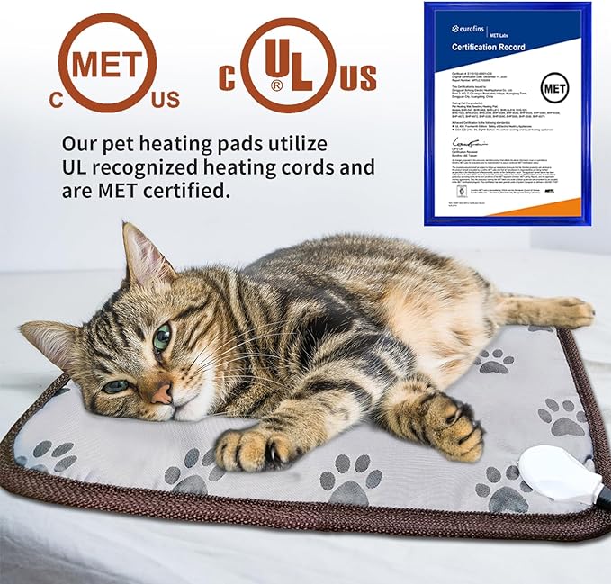 Cat Heating Pad 18x18 in Pet Heating Pad for Cats Waterproof Smart Thermostat Switch, Adjustable Heated Cat Bed, Adding Wire Rope Wires Cat Warming Pad-Paw Print