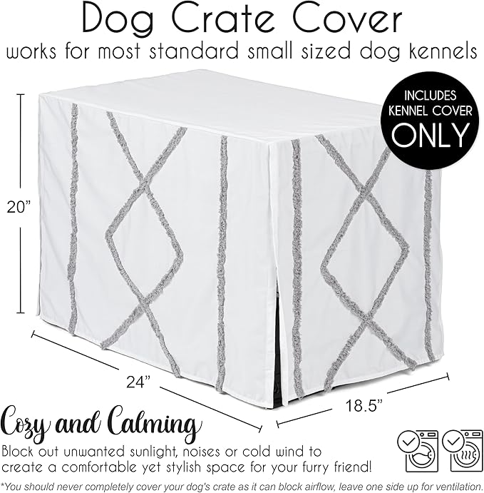 Sweet Jojo Designs 24in. Small Dog Crate Cover (Grey Boho Modern Tuft) Pet Cage, Kennel Covers (Bohemian, Farmhouse, Shabby Chic, Designer, Neutral, Elegant, Minimalist, Gray and White Tufted Cotton)