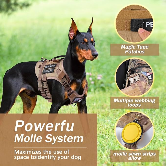 No Pull Tactical Dog Harness for Small Dogs, Escape Proof Molle Dog Vest Harness and Leash Set, Adjustable Military Service Dog Harness with Handle for Medium Large Dogs(Brown, Small)