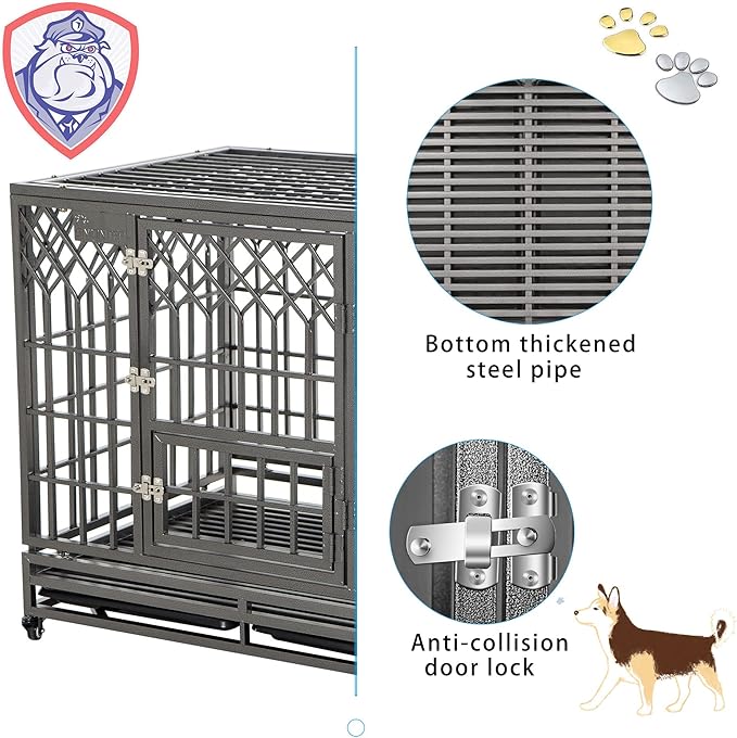 SMONTER Heavy Duty Dog Cage for Large Dog Strong Metal Kennel and Crate Pet Playpen with Three Doors, Four Wheels,42 Inch,Y Shape,Silver … … …