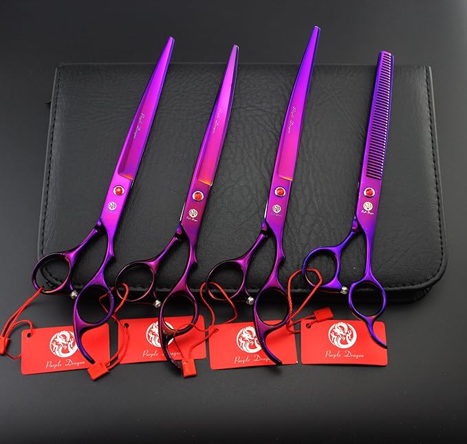 Purple Dragon 8.0 inch Professional Pet Grooming Scissors,Dog Straight Shear, Thinning/Blending Scissor & 2 PCS Curved Shear with Bag (Purple)