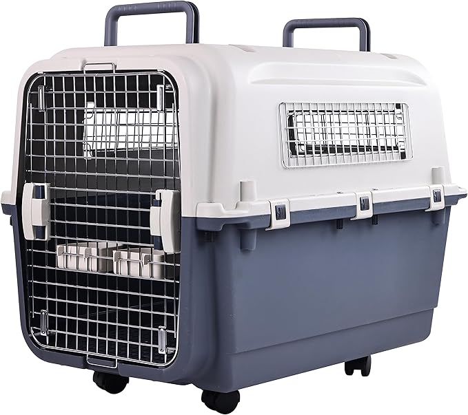 Plastic Kennels Pet Carrier Rolling Plastic Airline Approved Wire Door Travel Dog Crate, Large (30.7" L x 21.3" W x 22.8" H)