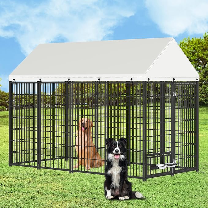 Rovibek Outdoor Dog Kennel 7.9x4.1x5.9 Ft, Dog Kennels Outdoor with 2 Rotating Feeder Bowls, Heavy Duty Dog Kennels Outside, Outside Dog Kennel with Roof, Outside Kennel for Large Dogs