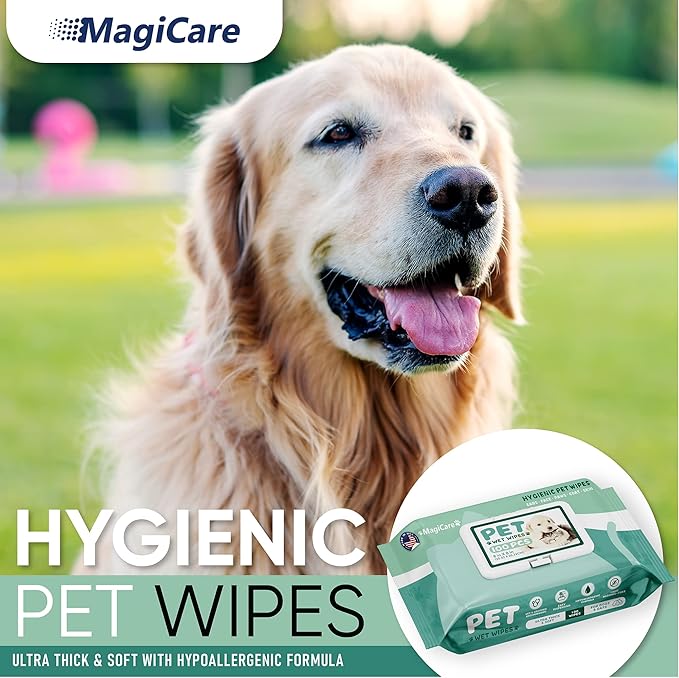 MAGICARE Dog Wipes for Paws, Butt, Ears & Eyes – 100 Extra Wet & Thick Unscented Grooming Pet Wipes for Dogs & Cats – Deodorizing, Hypoallergenic – Made in USA