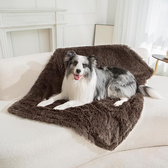 gogobunny Waterproof Plush Long Faux Fur Pet Throw Blanket Ultra Soft Fluffy Bed Couch Cover Washable - Premium Flannel Calming Blankets for Dog Puppy Cat (50x60 Inch (Pack of 1), Chocolate)