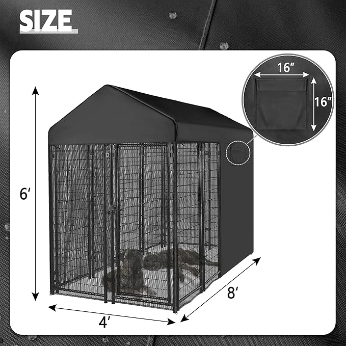 Outdoor Dog Kennel Cover Black for 8'Dx4'W 600D Waterproof and Durable Dog Crate Cover with Mesh Breathable Good Observation（Cover Only）