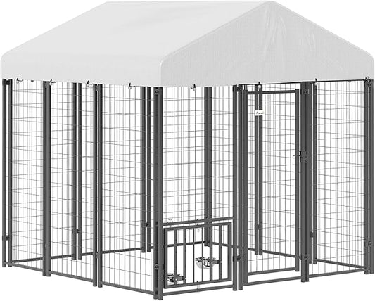 PawHut 5.9' x 5.9' x 6' Outdoor Dog Kennel, Welded Wire Heavy Duty Dog Run with 360° Rotating & 4 Level Adjustable Bowls, Dog Kennel Outside with Waterproof & UV Resistant Cover, for Large Dogs