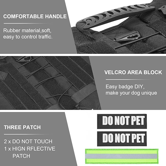 Tactical Dog Harness with All 4 Metal Buckle, Working Dog Vest with Reflective Patch and Reflective Do Not Pet Patch, Dog Vest Harnesses with Handle, Black for Small,Medium, Large Dog, L Size