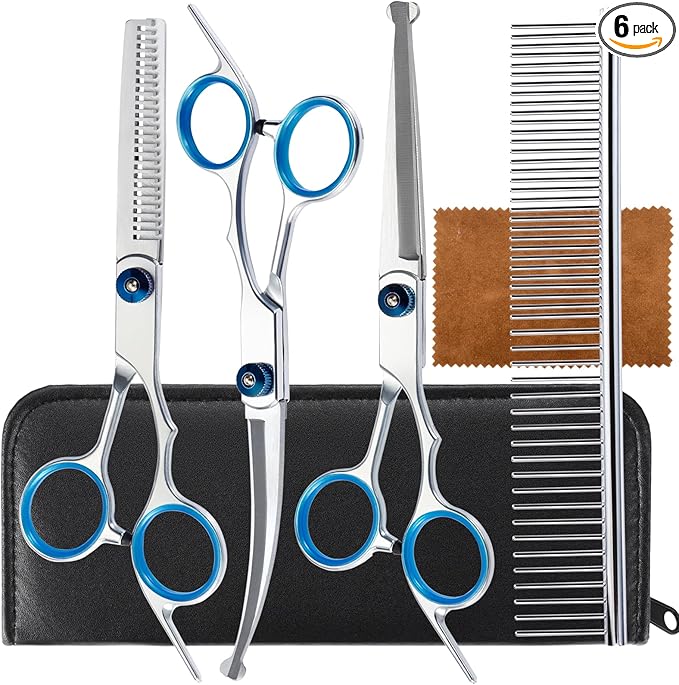 5 in 1 Premium Dog Grooming Scissors, Professional Dog Scissors for Grooming with Safety Round Tips, Lengnoyp Stainless Steel Thinning Shears, Dog Pet Cat Shears for Grooming Kit