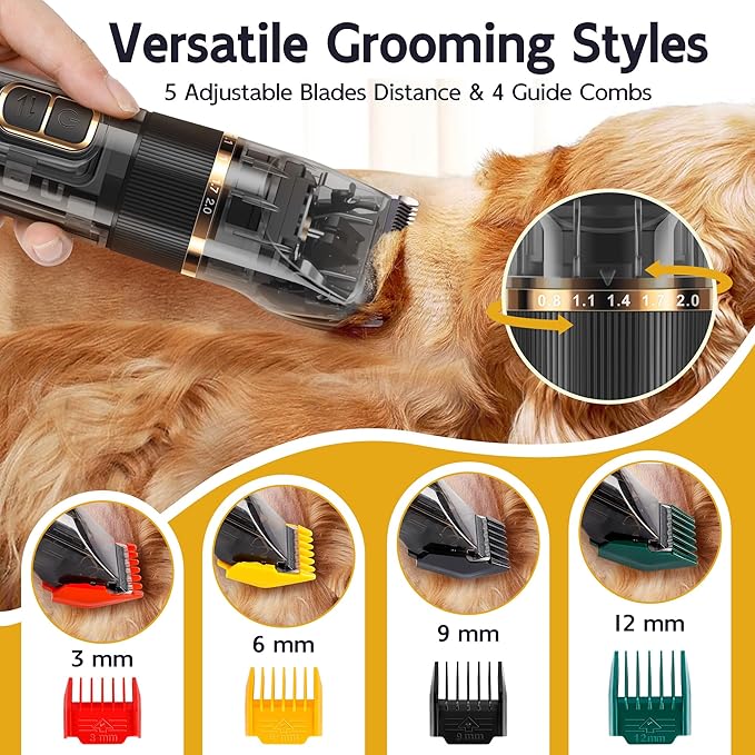 Dog Grooming Kit with LED Display, 3-Speed, Low Noise, Rechargeable, Cordless, Waterproof Clippers for Dogs Cats Small & Large Pets with Thick Coats