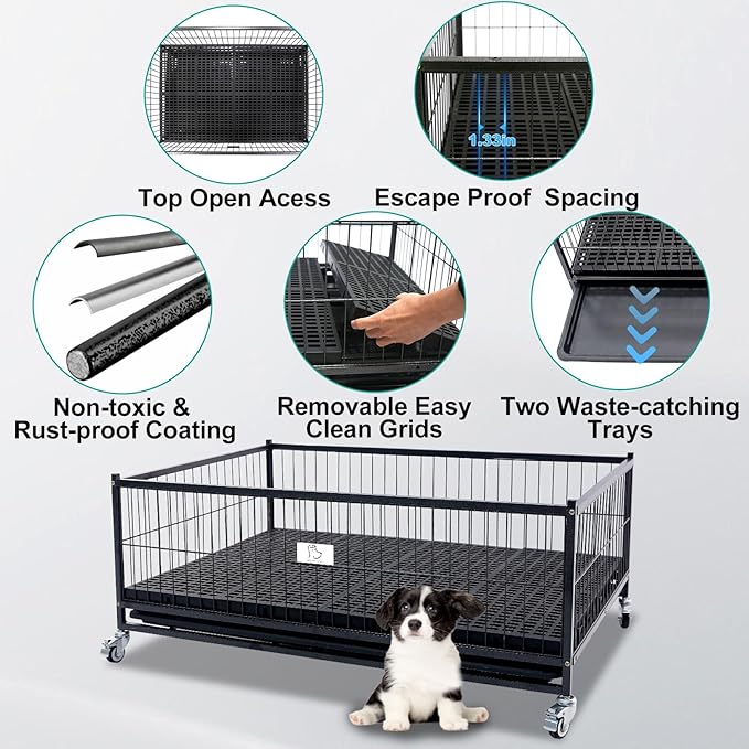 Homey Pet 43" Dog Whelping Box for Puppies, Heavy Duty Metal Whelping Box for Small Breed Dogs with Washable Plastic Floor, Removable Tray and Four Lockable Wheels