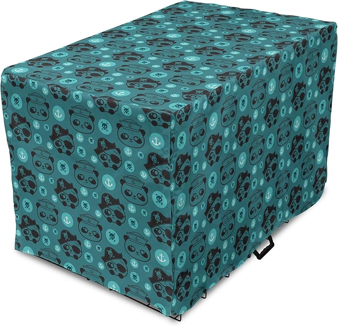 Lunarable Panda Dog Crate Cover, Pirate and Sailor Bears Skulls on Crossed Bones Anchors Within Circles, Easy to Use Pet Kennel Cover for Medium Large Dogs, 36 Inch, Teal Turquoise Black