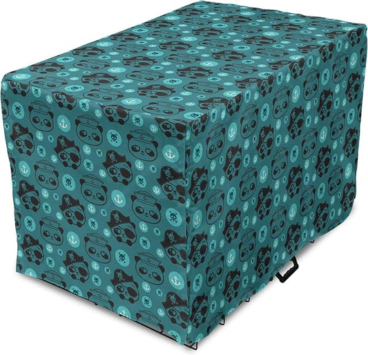 Lunarable Panda Dog Crate Cover, Pirate and Sailor Bears Skulls on Crossed Bones Anchors Within Circles, Easy to Use Pet Kennel Cover for Medium Large Dogs, 36 Inch, Teal Turquoise Black