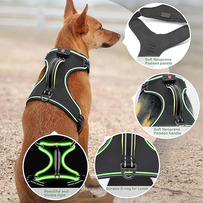 Light Up Dog Harness No Pull LED Dog Harness with Handle Vizbrite Rechargeable Lighted Dog Vest Harness for Small/Medium/Large/X-Large Size Dogs No Pull, 4 Point Adjustable Dog Harness