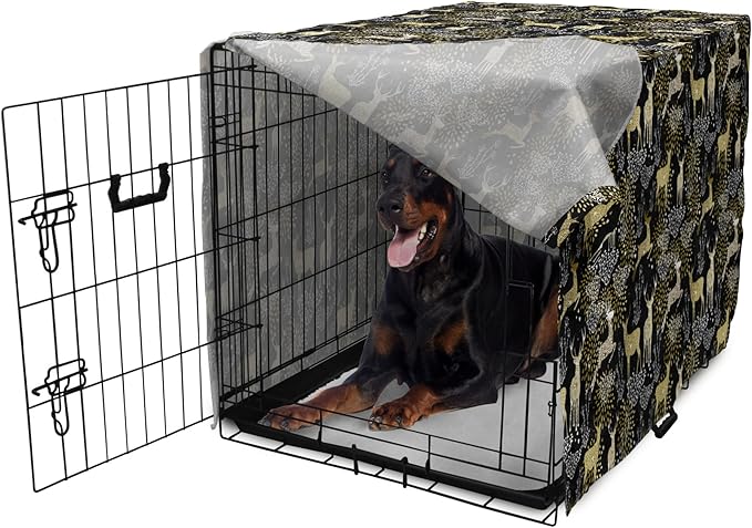 Ambesonne Christmas Dog Crate Cover, Nature Woodland and Deer Silhouettes with Oriental Ornaments Design, Easy to Use Pet Kennel Cover for Medium Large Dogs, 42 Inch, Yellow White Black