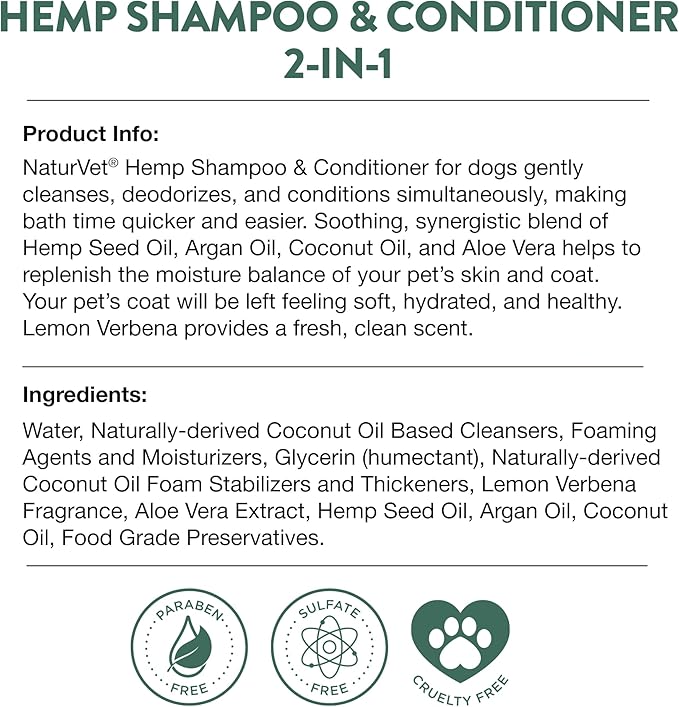 NaturVet Hemp Shampoo & Conditioner 2-in-1 with Argan and Coconut for Dogs, 16oz Liquid, Made in The USA