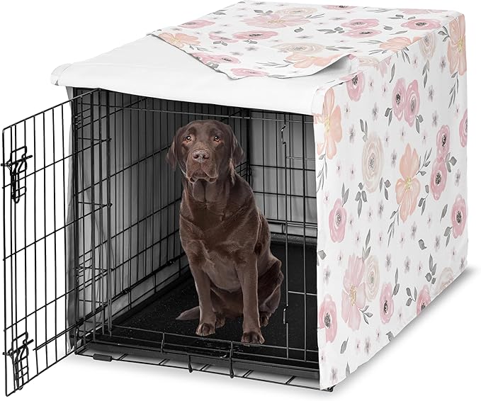 Sweet Jojo Designs Blush Pink Grey Boho Floral Dog Crate Cover – Kennel Covers for 42 Inch Pet Cage Medium/Large - Bohemian Farmhouse Shabby Chic Rose Lily Watercolor Flower Elegant Gray and White