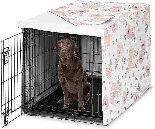 Sweet Jojo Designs Blush Pink Grey Boho Floral Dog Crate Cover – Kennel Covers for 42 Inch Pet Cage Medium/Large - Bohemian Farmhouse Shabby Chic Rose Lily Watercolor Flower Elegant Gray and White