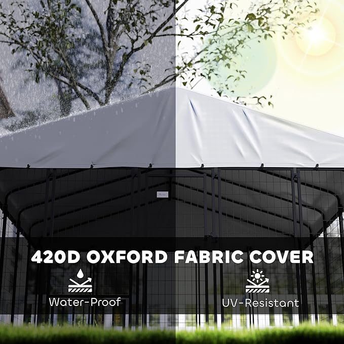 PawHut 9.8' x 9.8' x 6.8' Outdoor Dog Kennel, Welded Wire Heavy Duty Dog Run with 360° Rotating & 4 Level Adjustable Bowls, Dog Kennel Outside with Waterproof & UV Resistant Cover, for S&M&L Dogs